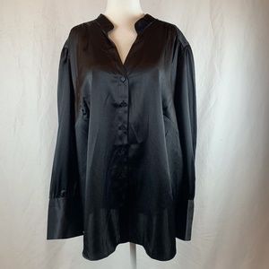 LANE BRYANT SULTRY LONG SLEEVE 100% POLYESTER BLACK SATIN BUTTON UP DRESS SHIRT
